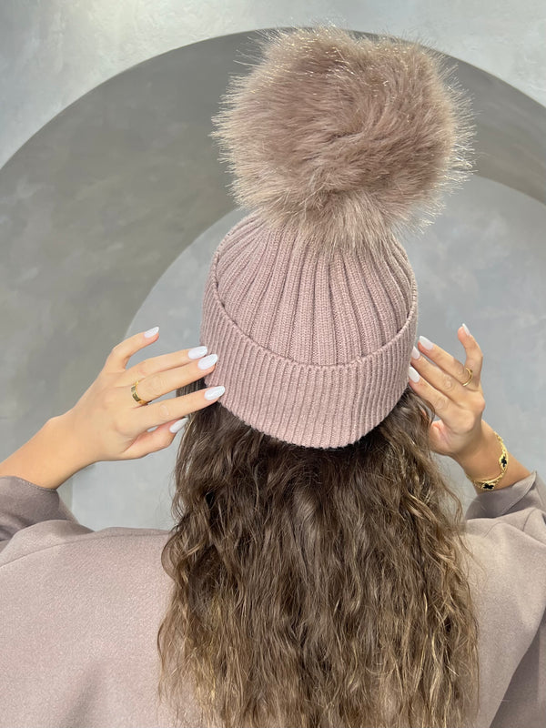 Taupe Premium Faux Fur Bobble Hat