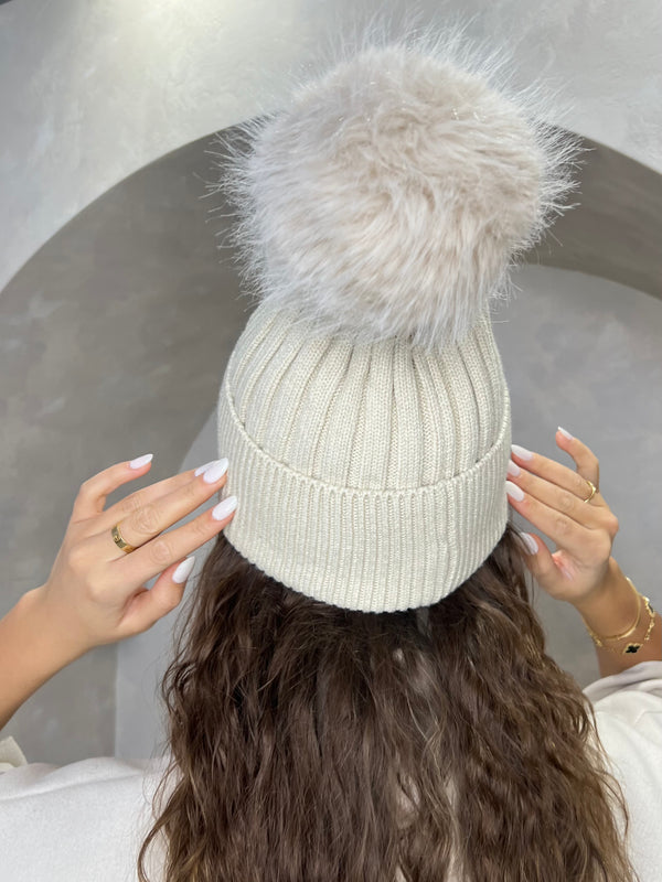 Light Beige Premium Faux Fur Bobble Hat