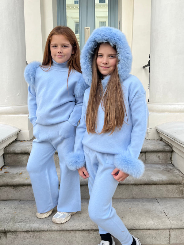 Childrens Baby Blue Luxury Fur Roll Neck Wide Leg Tracksuit