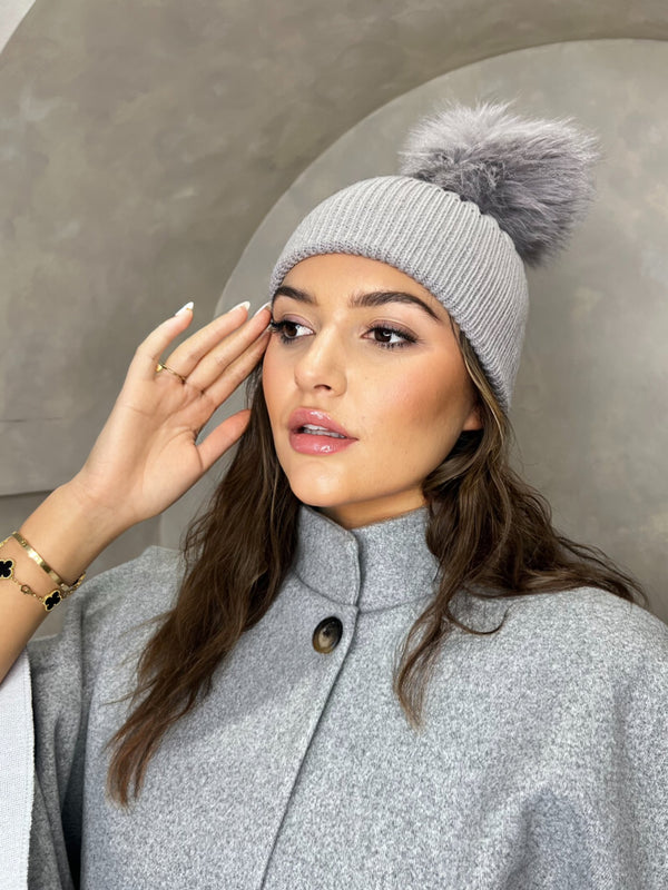 Light Grey Premium Faux Fur Bobble Hat