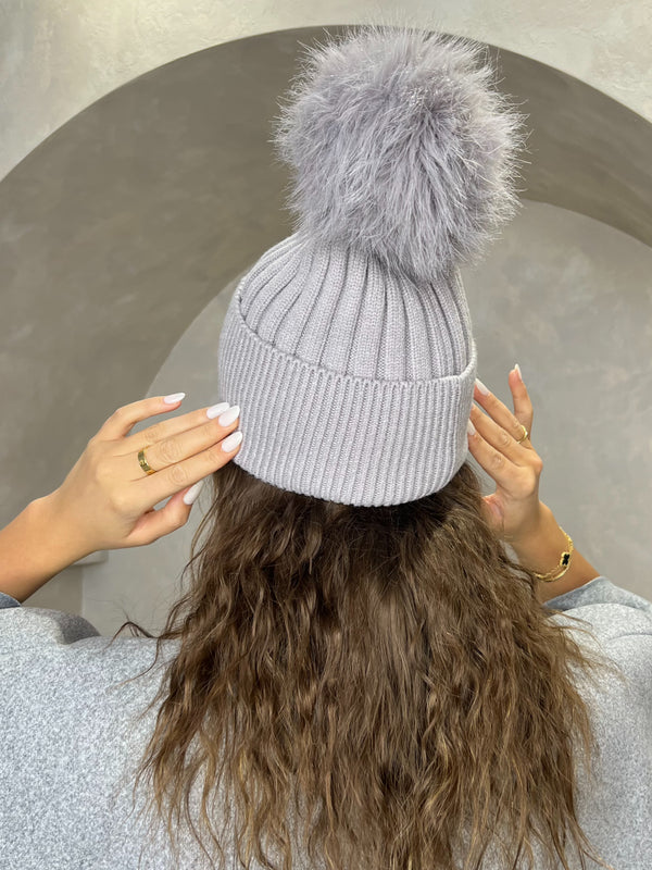 Light Grey Premium Faux Fur Bobble Hat