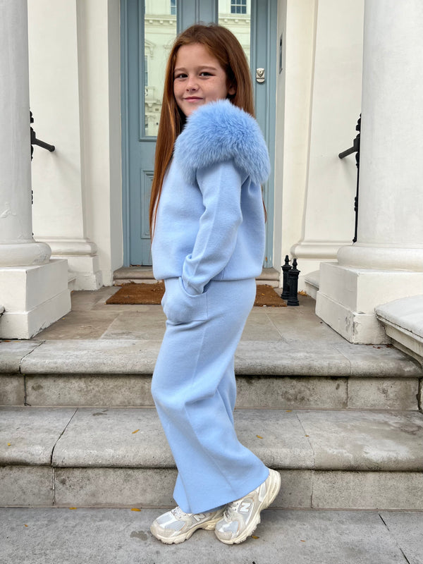 Childrens Baby Blue Luxury Fur Roll Neck Wide Leg Tracksuit