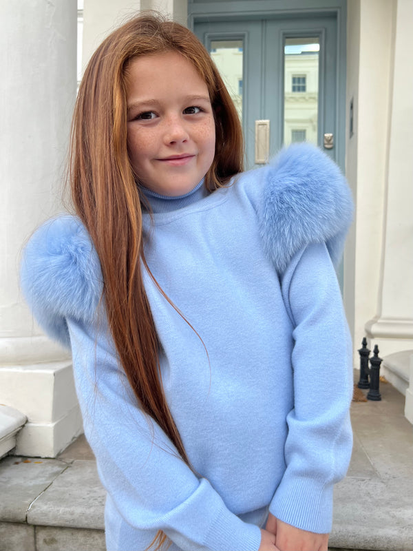 Childrens Baby Blue Luxury Fur Roll Neck Wide Leg Tracksuit
