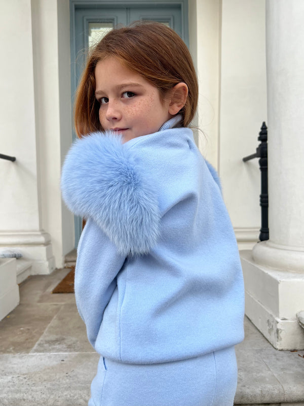 Childrens Baby Blue Luxury Fur Roll Neck Wide Leg Tracksuit