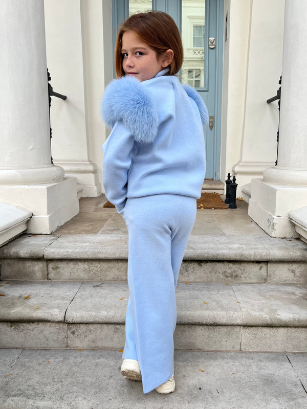 Childrens Baby Blue Luxury Fur Roll Neck Wide Leg Tracksuit