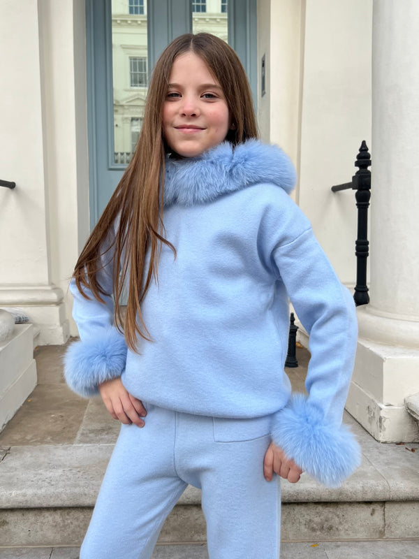 Childrens Baby Blue Luxury Fur Trim Hood & Cuff Tracksuit
