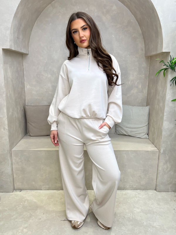Beige Quarter Zip Co Ord