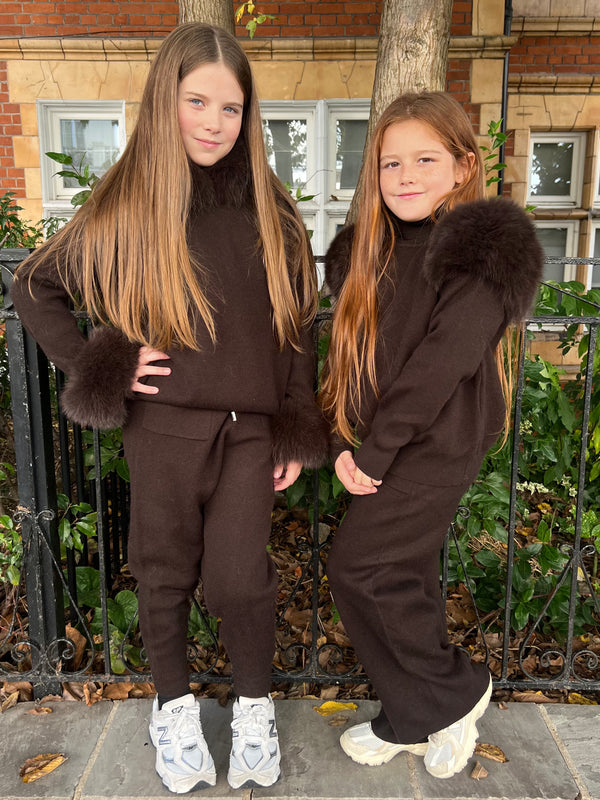 Childrens Chocolate Luxury Fur Roll Neck Wide Leg Tracksuit