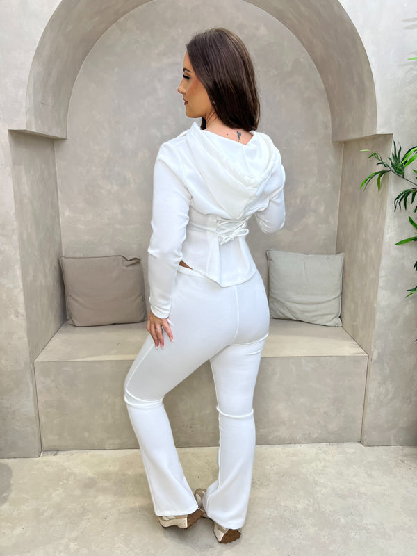 Social Club White Corset Back Hoodie & Boot Cut Trouser Co Ord