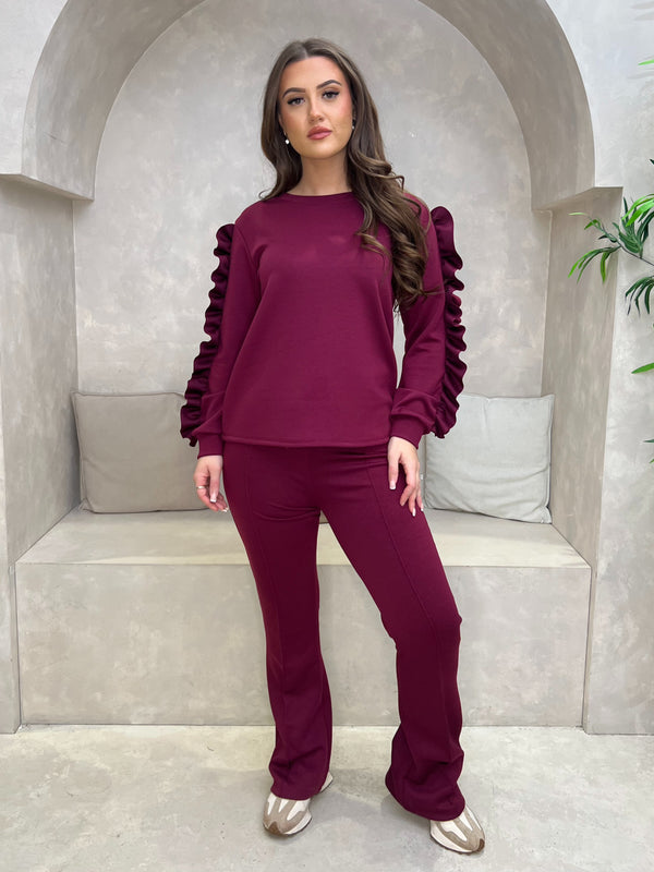 Burgundy Ruffle Sleeve Wide Leg Co Ord