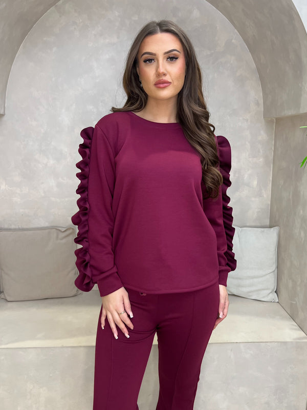 Burgundy Ruffle Sleeve Wide Leg Co Ord