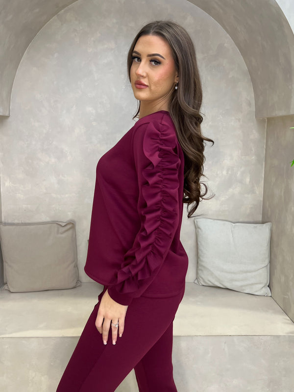 Burgundy Ruffle Sleeve Wide Leg Co Ord