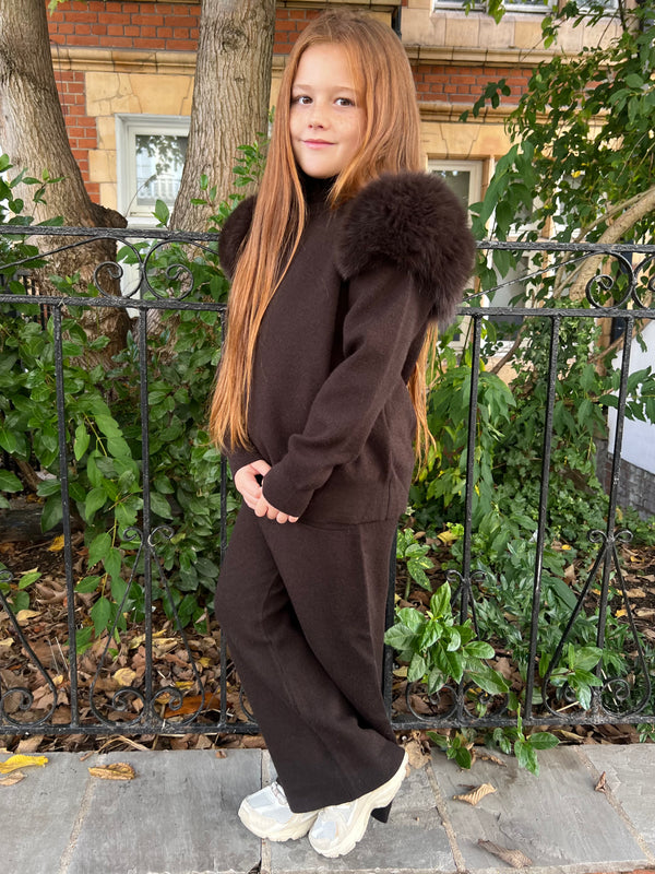 Childrens Chocolate Luxury Fur Roll Neck Wide Leg Tracksuit