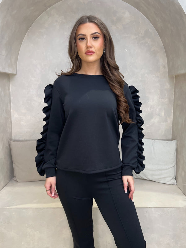 Black Ruffle Sleeve Wide Leg Co Ord