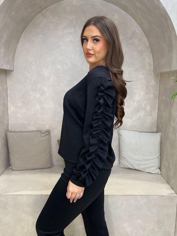 Black Ruffle Sleeve Wide Leg Co Ord