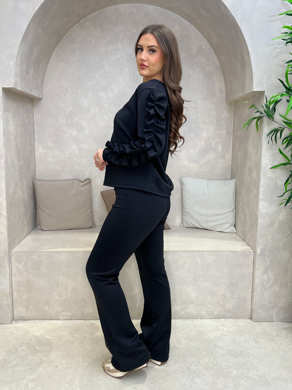 Black Ruffle Sleeve Wide Leg Co Ord
