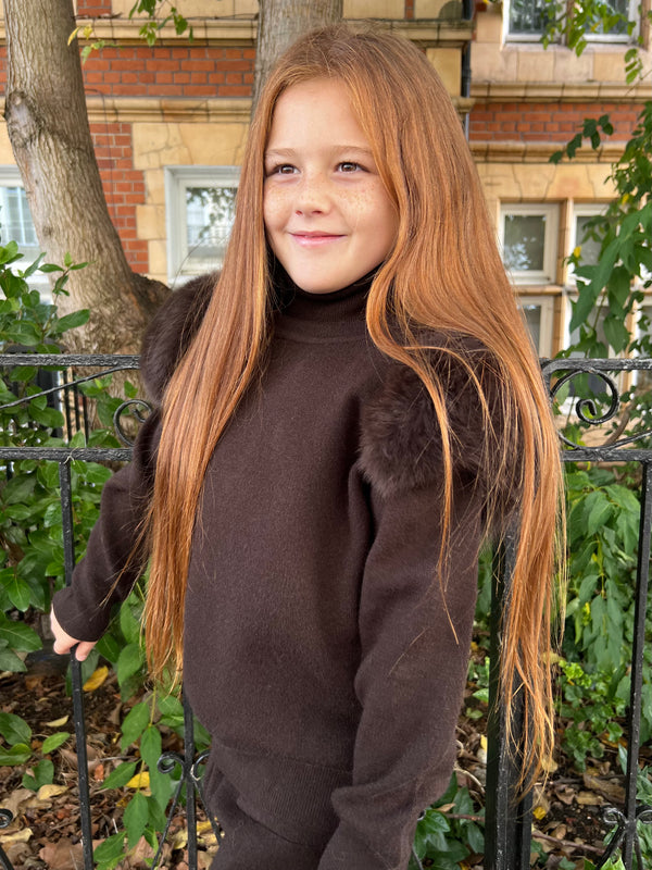 Childrens Chocolate Luxury Fur Roll Neck Wide Leg Tracksuit