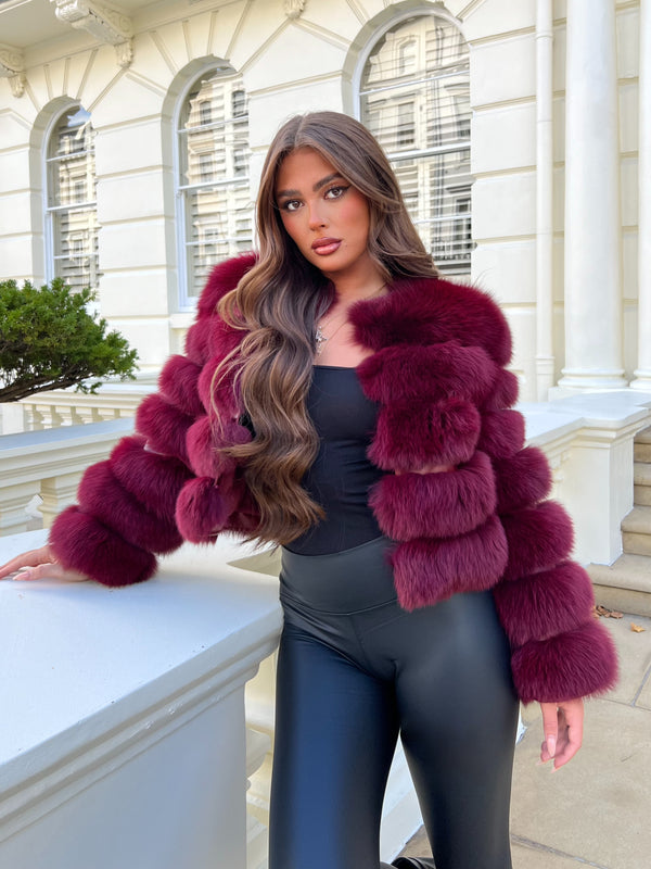 Burgundy Luxury Fur 5 Row Long Sleeve Jacket