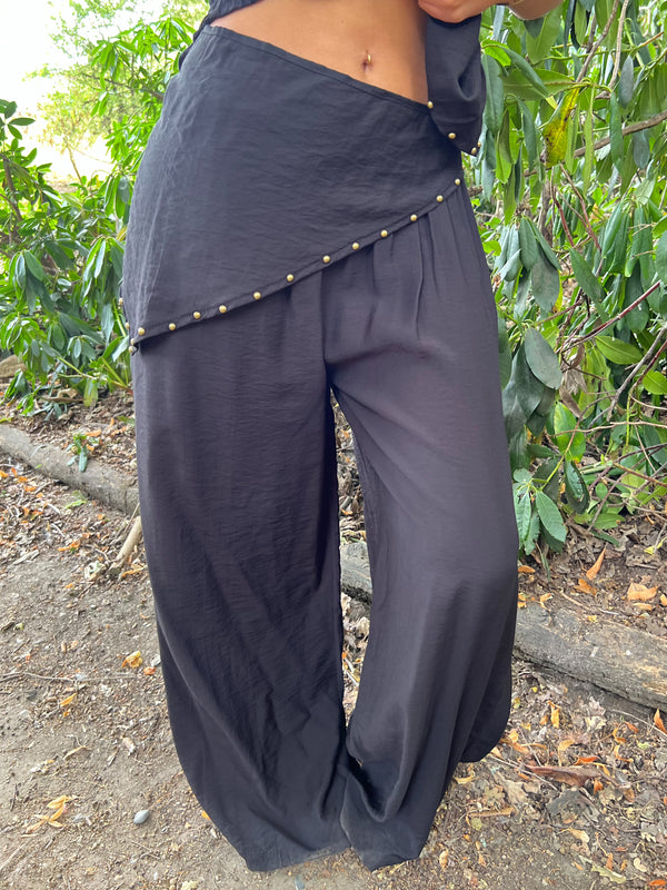 Black Studded Wide Leg Scarf Trousers - HL London