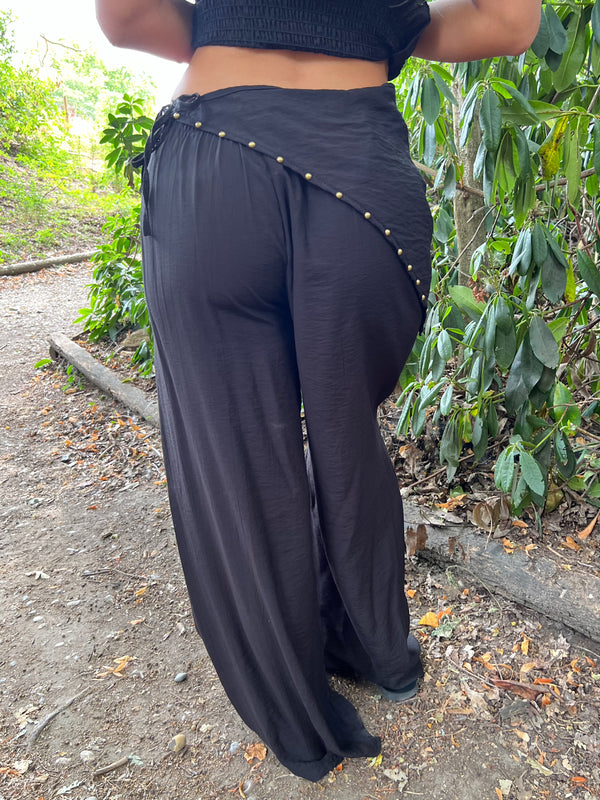 Black Studded Wide Leg Scarf Trousers - HL London