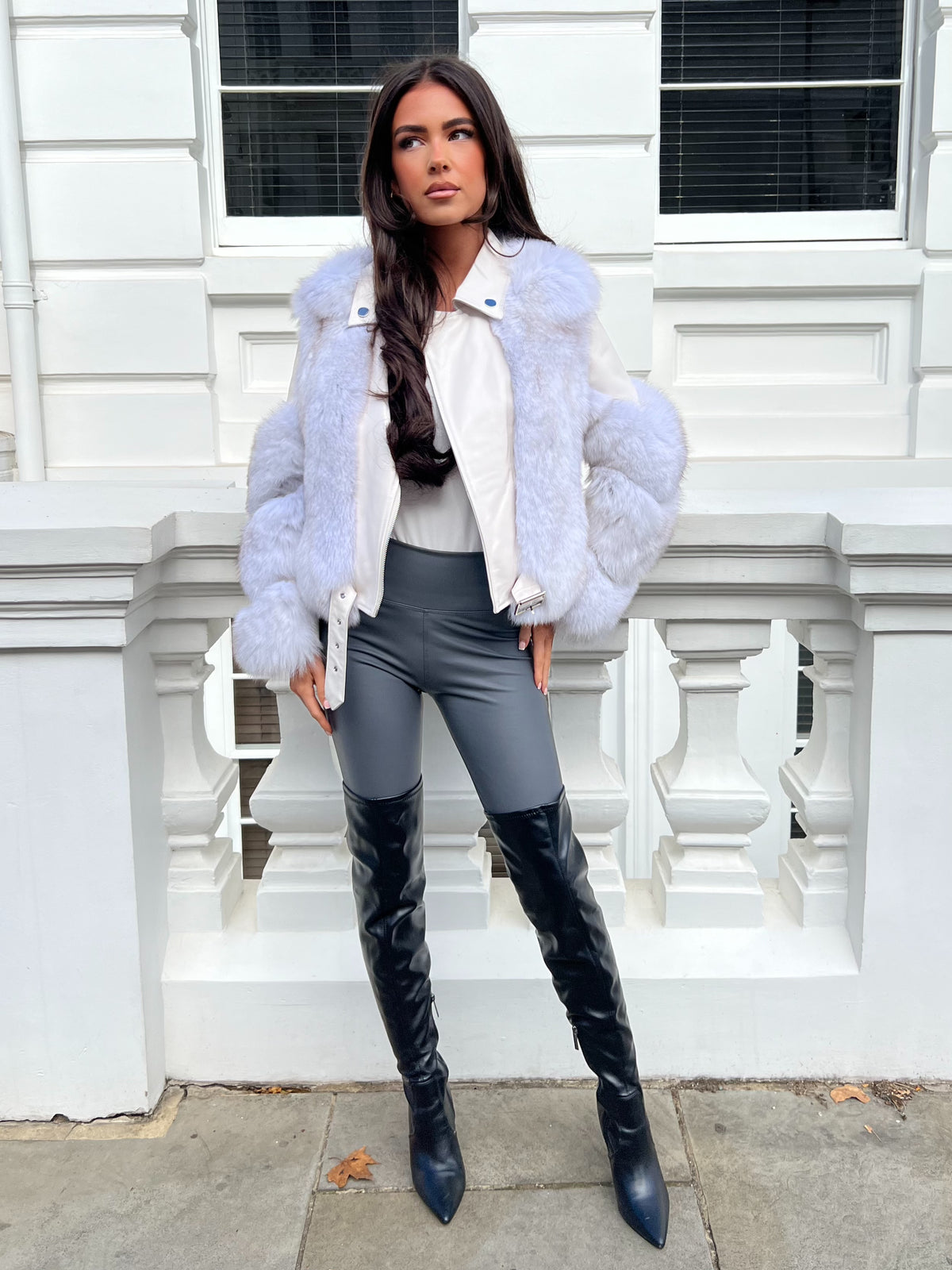 Light Grey Luxury Fur Biker Style Jacket