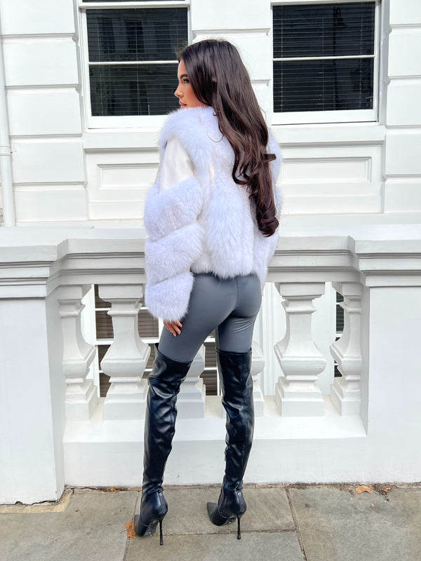 Light Grey Luxury Fur Biker Style Jacket