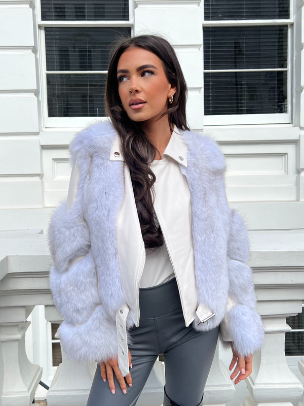 Light Grey Luxury Fur Biker Style Jacket