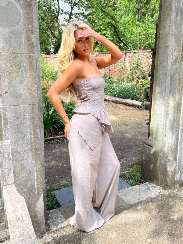 Mocha Studded Wide Leg Scarf Trousers - HL London