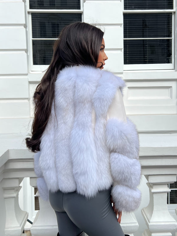 Light Grey Luxury Fur Biker Style Jacket