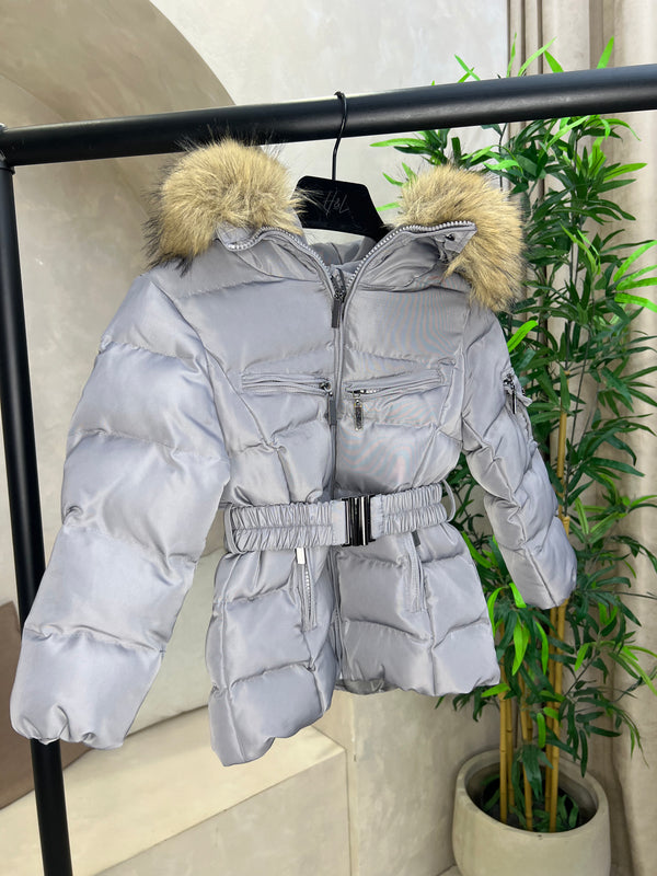 Childrens Grey Faux Fur Padded Belted Coat Sample Age 3-4