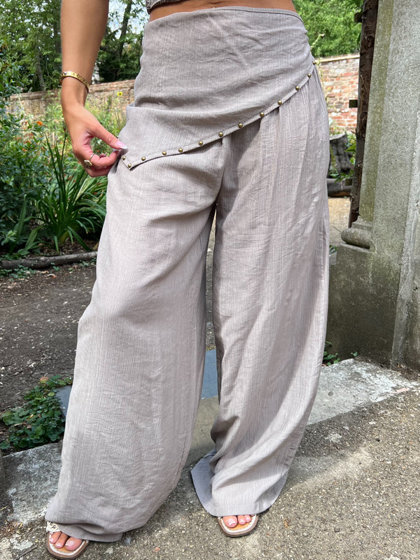 Mocha Studded Wide Leg Scarf Trousers - HL London