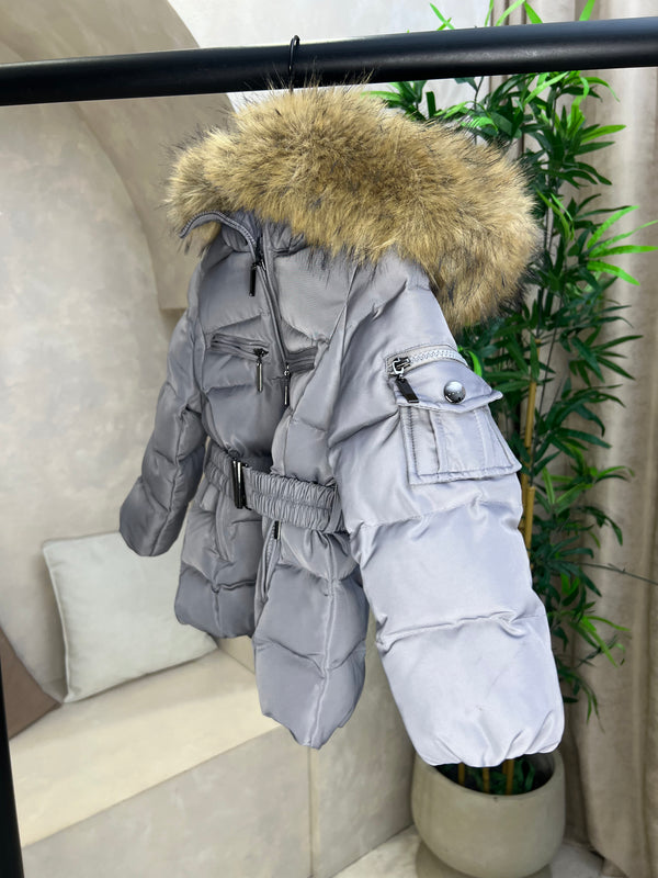 Childrens Grey Faux Fur Padded Belted Coat Sample Age 3-4