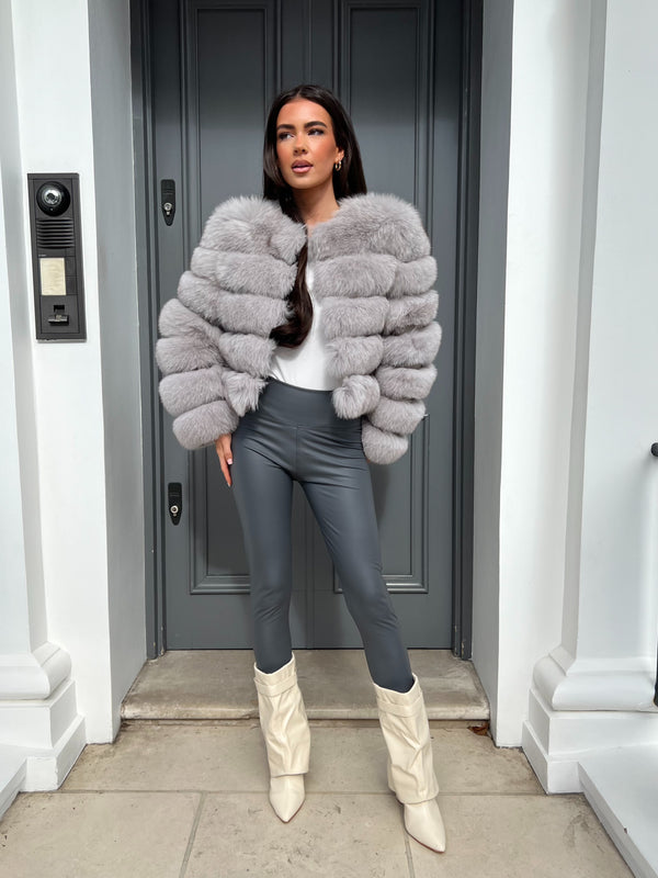Light Grey Luxury Fur 5 Row Long Sleeve Jacket
