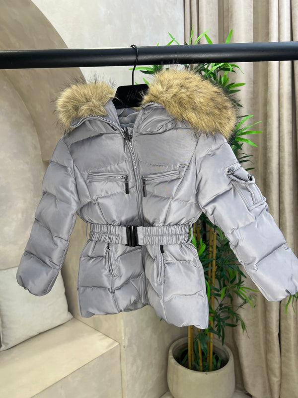 Childrens Grey Faux Fur Padded Belted Coat Sample Age 3-4