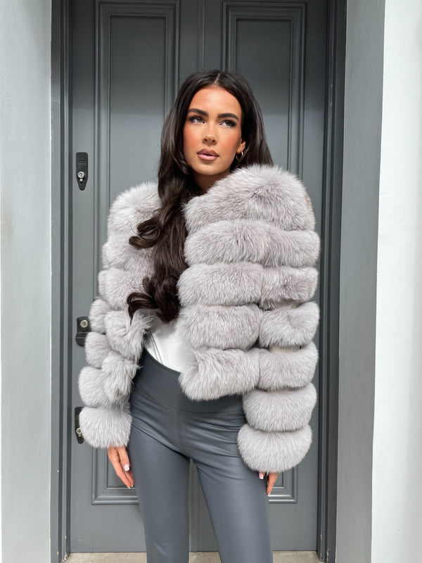 Light Grey Luxury Fur 5 Row Long Sleeve Jacket