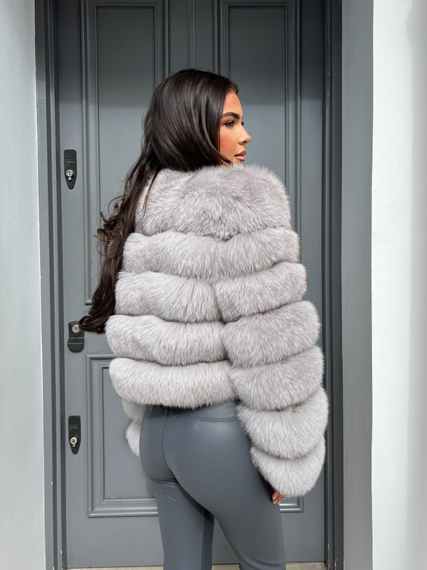 Light Grey Luxury Fur 5 Row Long Sleeve Jacket