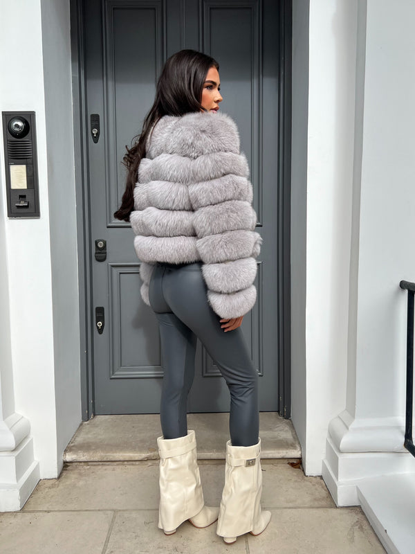 Light Grey Luxury Fur 5 Row Long Sleeve Jacket