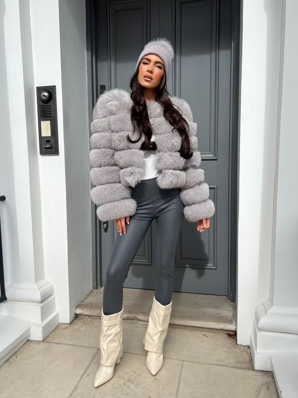 Light Grey Luxury Fur 5 Row Long Sleeve Jacket