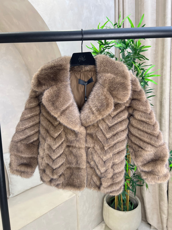 Childrens Chocolate Faux Fur Zig Zag Coat Sample Age 4-5