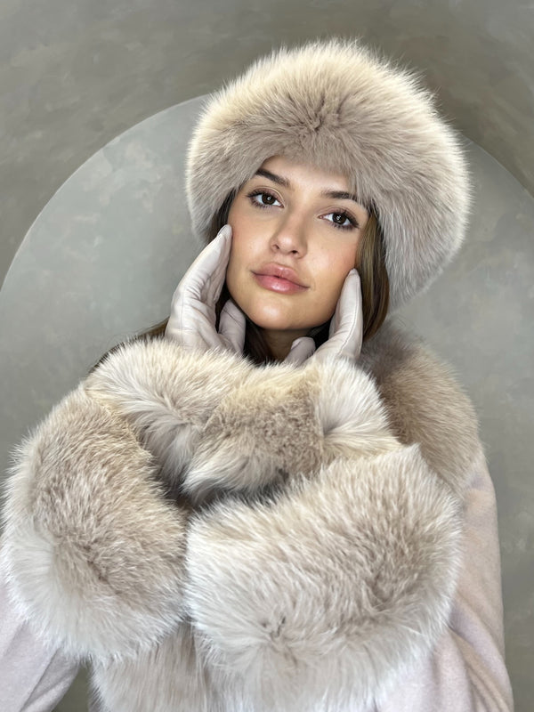 Beige Luxury Fur Leather Gloves