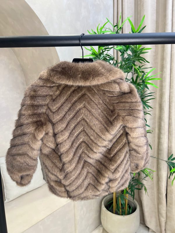 Childrens Chocolate Faux Fur Zig Zag Coat Sample Age 4-5