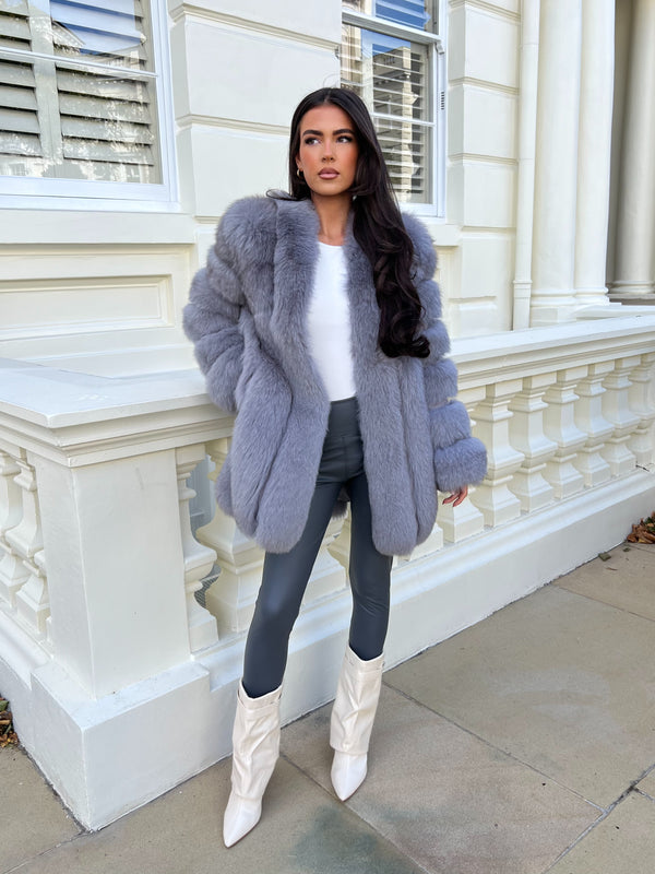 Grey Luxury Fur Mid Length Coat