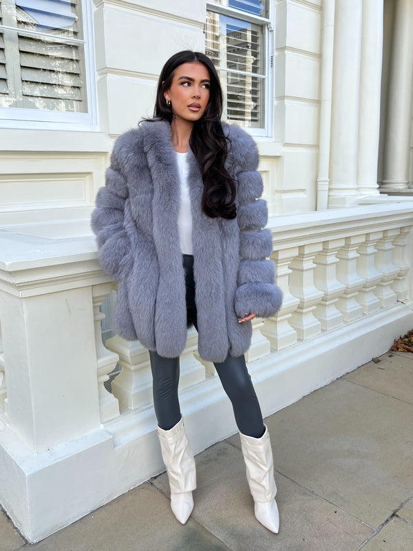 Grey Luxury Fur Mid Length Coat