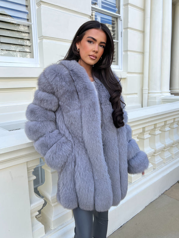 Grey Luxury Fur Mid Length Coat