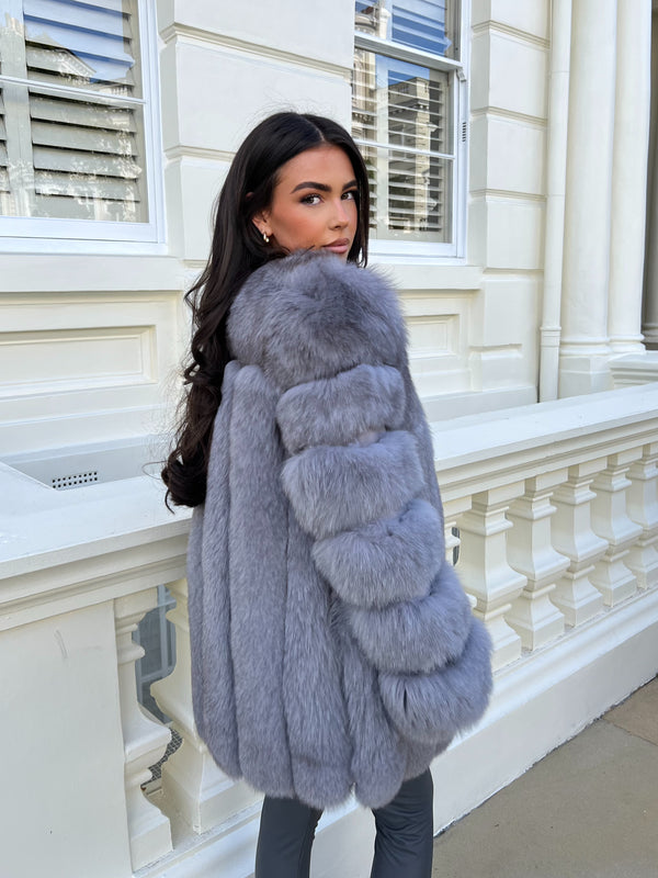 Grey Luxury Fur Mid Length Coat