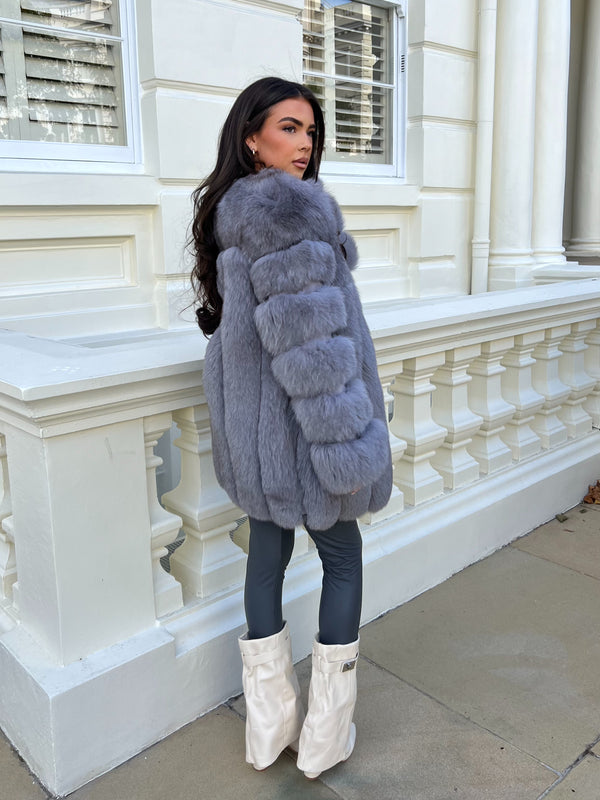 Grey Luxury Fur Mid Length Coat