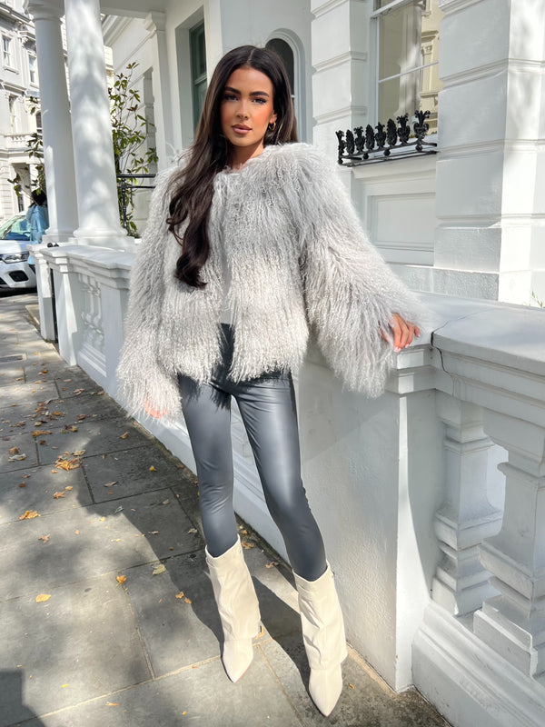 Grey Luxury Mongolian Lamb Fur Coat