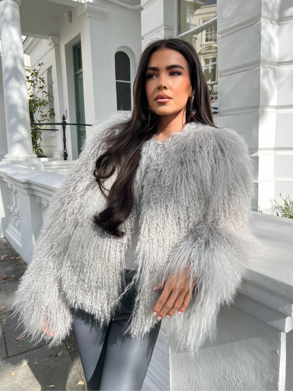 Grey Luxury Mongolian Lamb Fur Coat