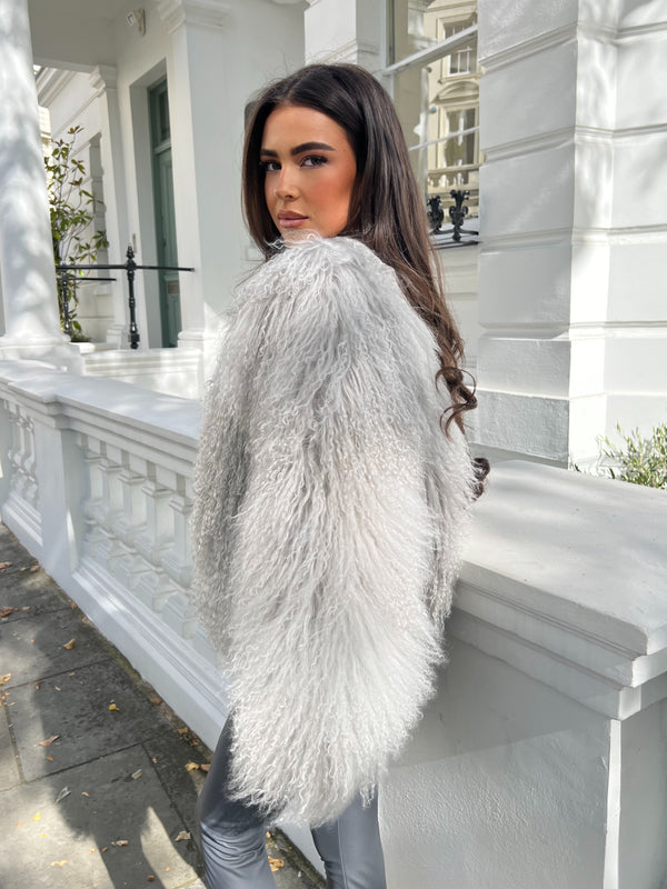 Grey Luxury Mongolian Lamb Fur Coat