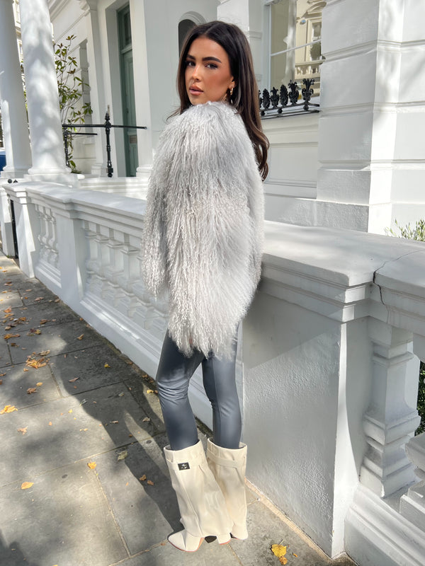 Grey Luxury Mongolian Lamb Fur Coat
